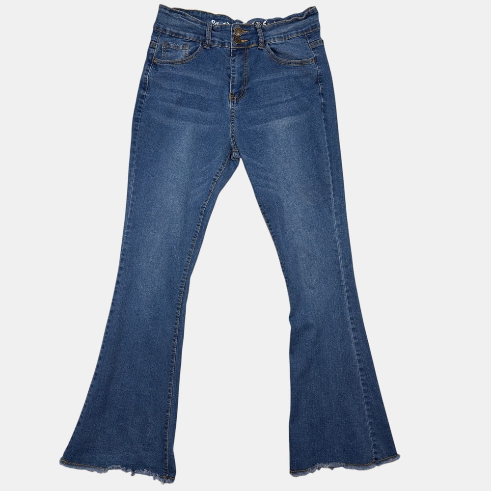 Pastel Jeans Flare Leg Denim 13/14 Womens High Rise Raw Hem Medium Wash Blue